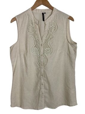Linen Blend Sleeveless Cream Button-Front Top, Size Medium